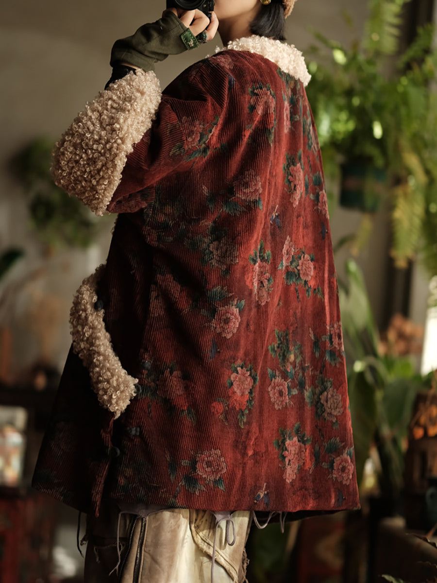 Plus Size Women Ethnic Flower Fleece Spliced Corduroy Padded Coat