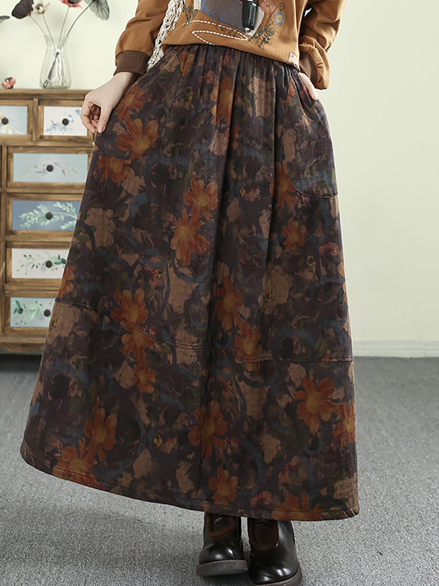 Women Autumn Artsy Flower A-Shape 100%Cotton Skirt