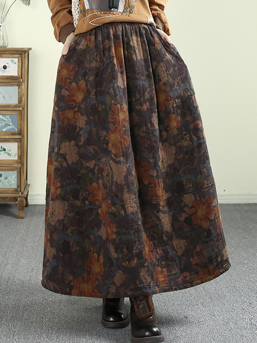 Women Autumn Artsy Flower A-Shape 100%Cotton Skirt