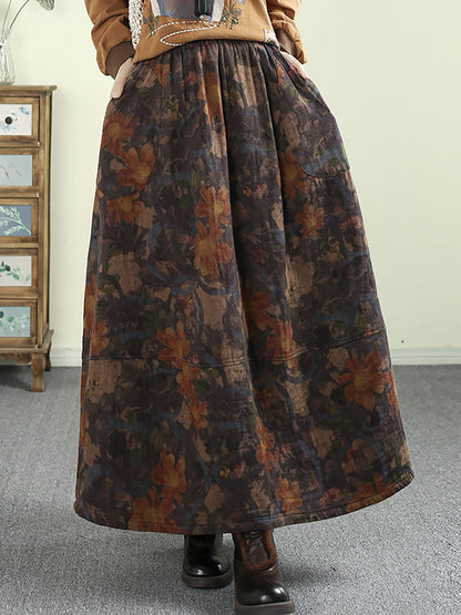 Women Autumn Artsy Flower A-Shape 100%Cotton Skirt