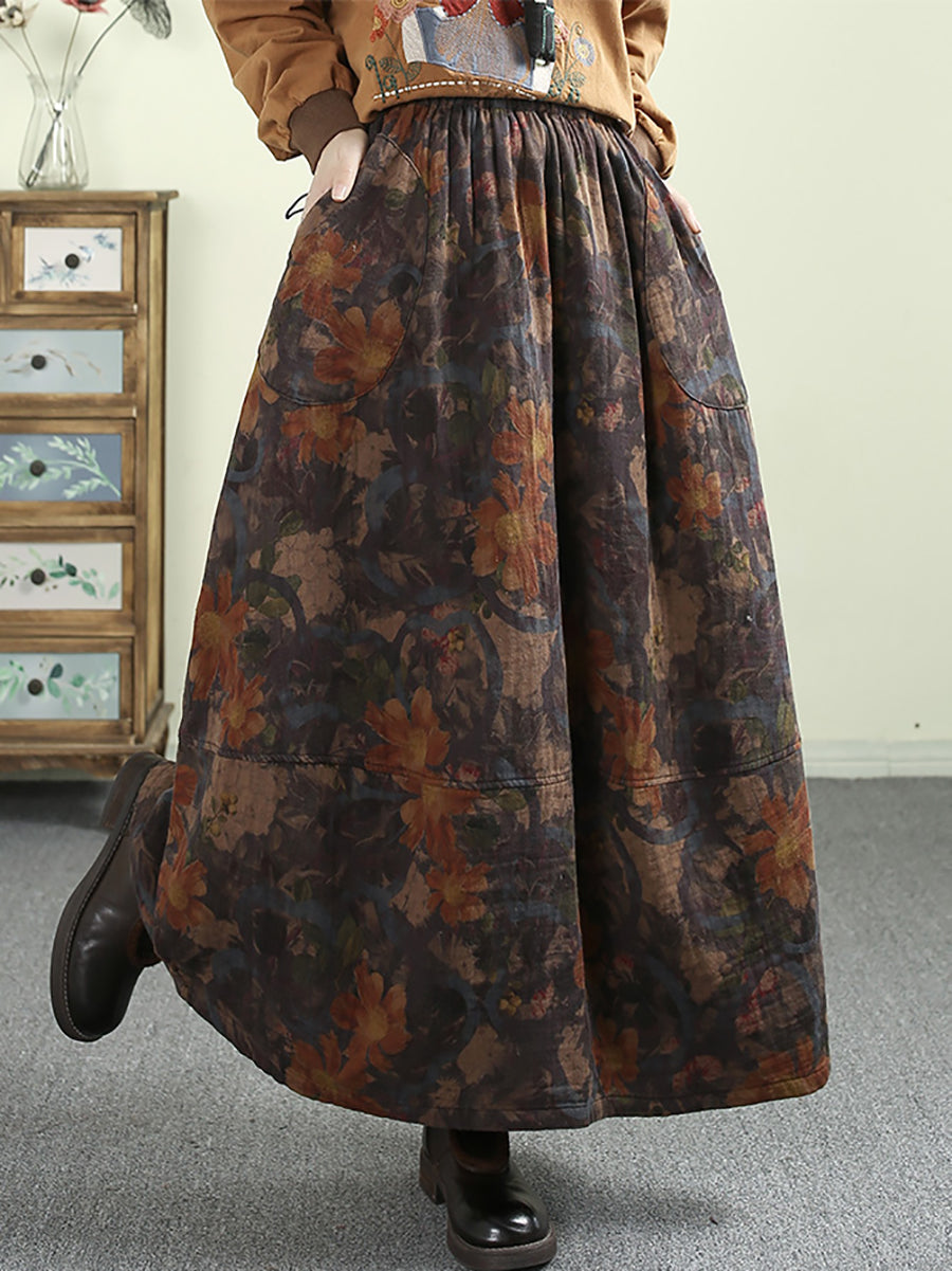 Women Autumn Artsy Flower A-Shape 100%Cotton Skirt