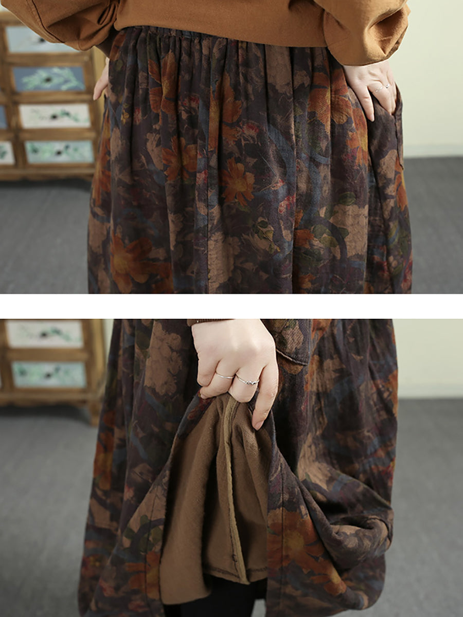 Women Autumn Artsy Flower A-Shape 100%Cotton Skirt