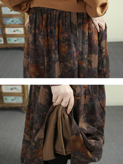 Women Autumn Artsy Flower A-Shape 100%Cotton Skirt