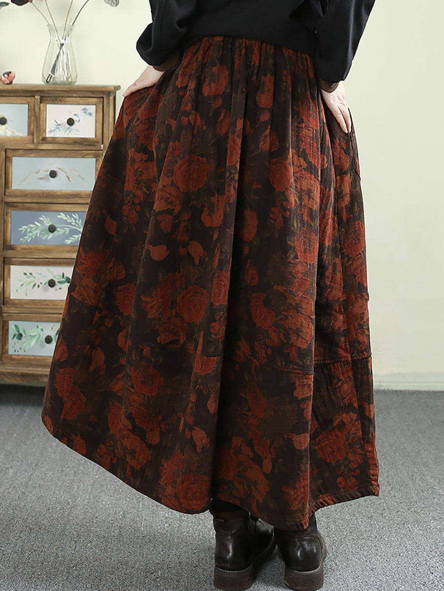 Women Autumn Artsy Flower A-Shape 100%Cotton Skirt