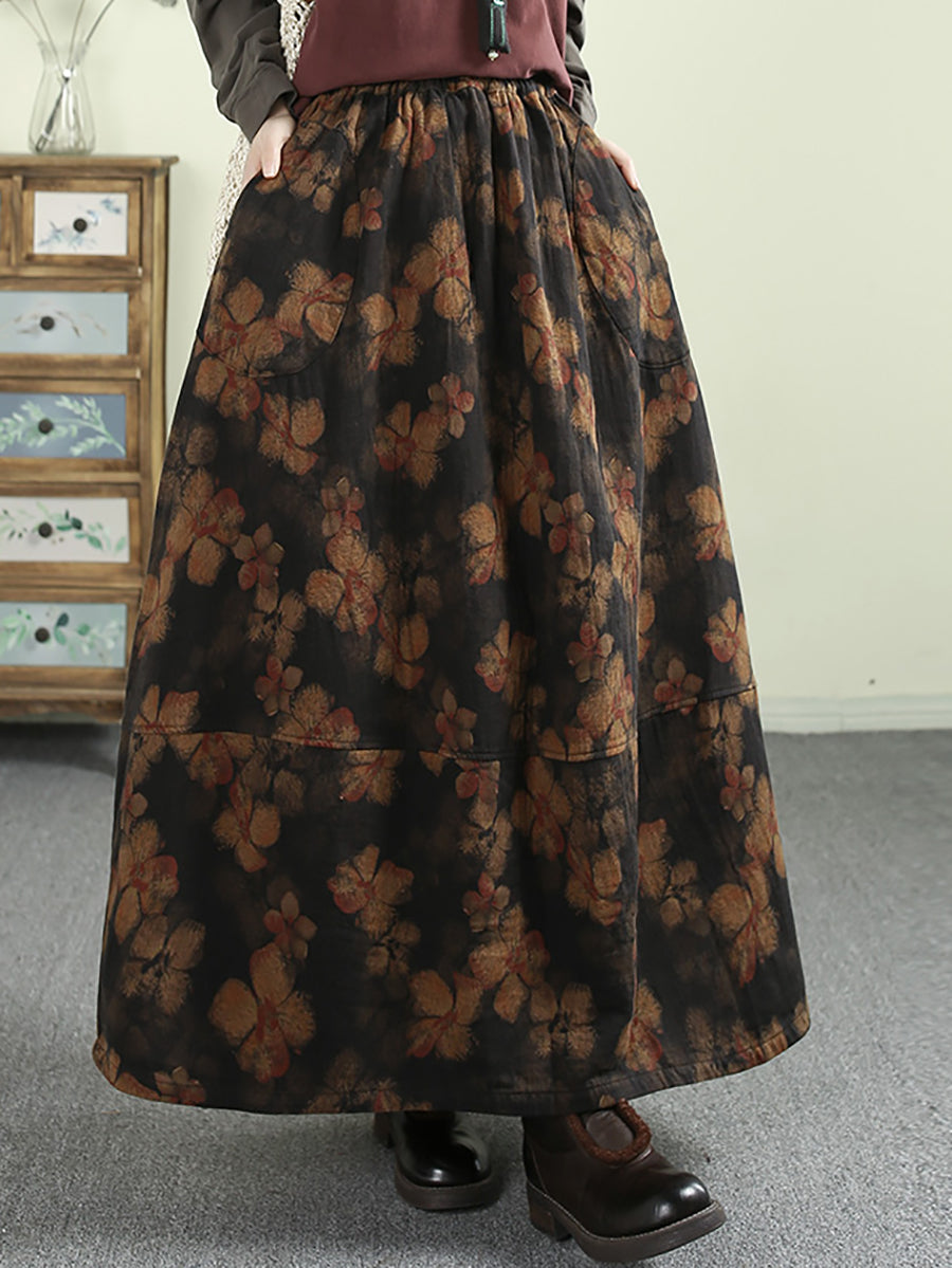 Women Autumn Artsy Flower A-Shape 100%Cotton Skirt