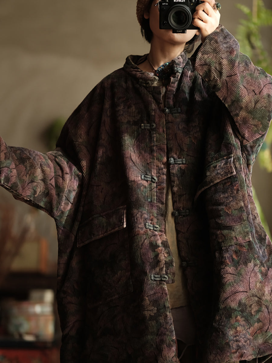 Women Ethnic Flower Corduroy Loose Padded Coat