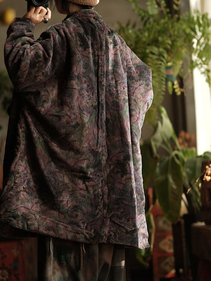 Women Ethnic Flower Corduroy Loose Padded Coat