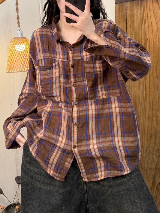 Women Autumn Artsy Cotton Turn-down Collar Plaid Shirt