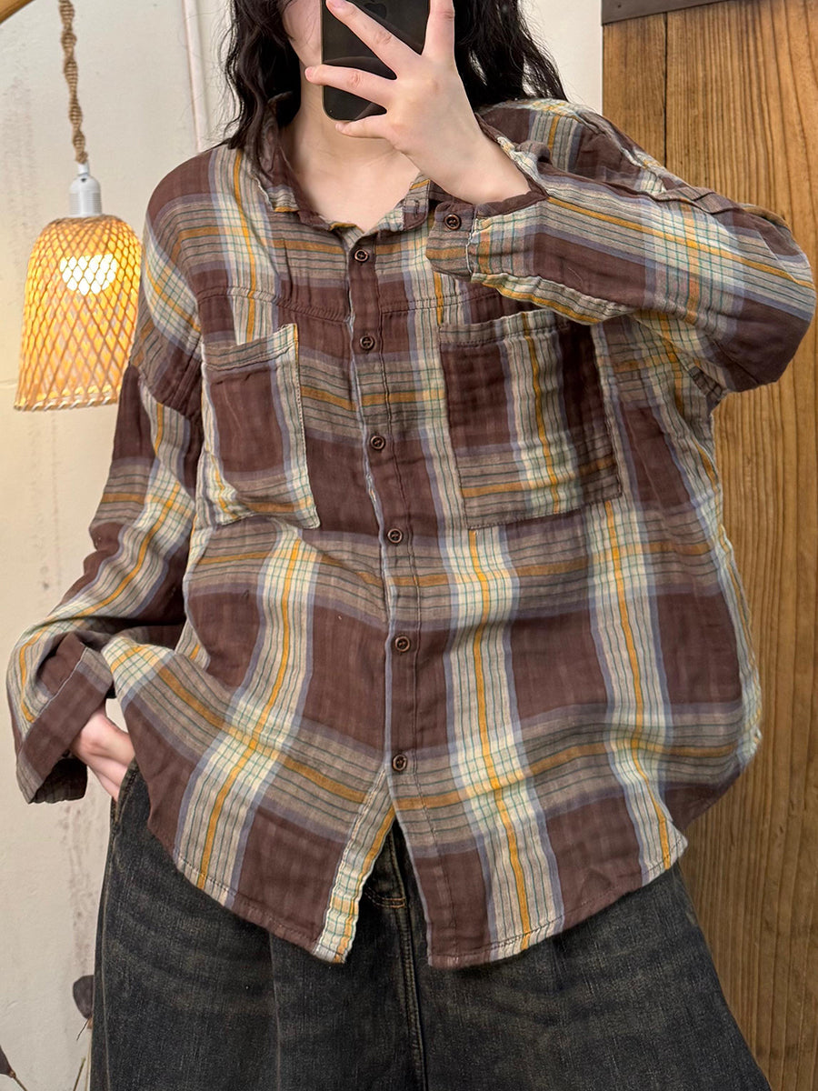 Women Autumn Artsy Cotton Turn-down Collar Plaid Shirt