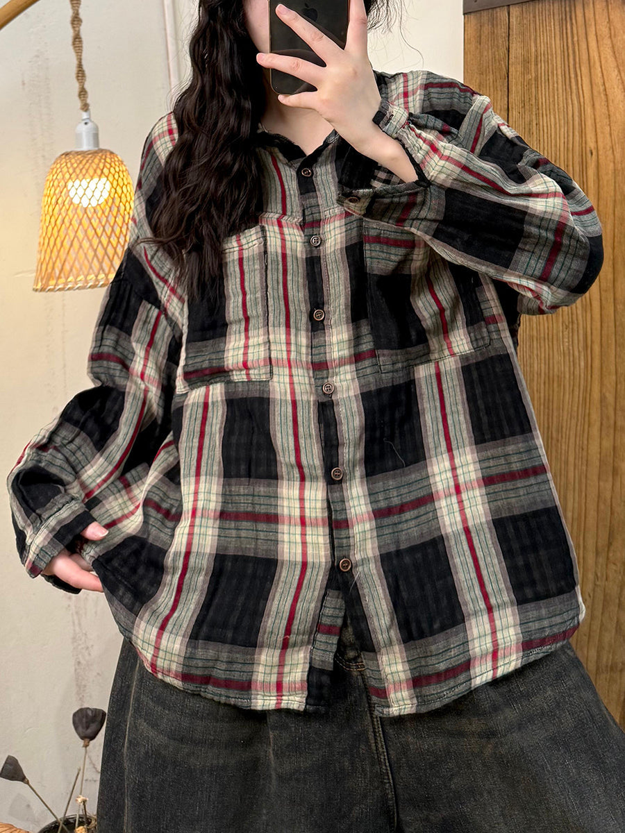 Women Autumn Artsy Cotton Turn-down Collar Plaid Shirt