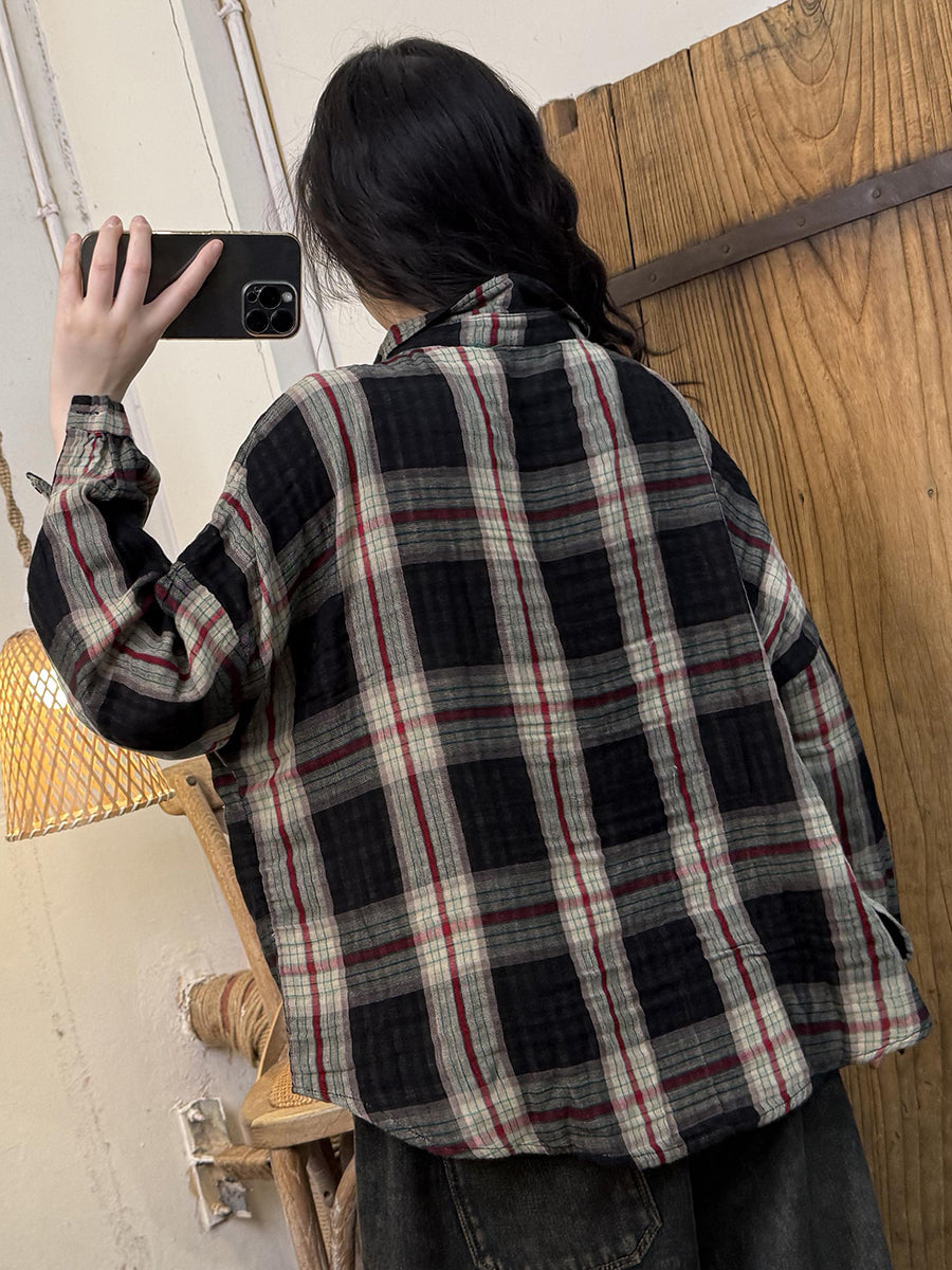 Women Autumn Artsy Cotton Turn-down Collar Plaid Shirt