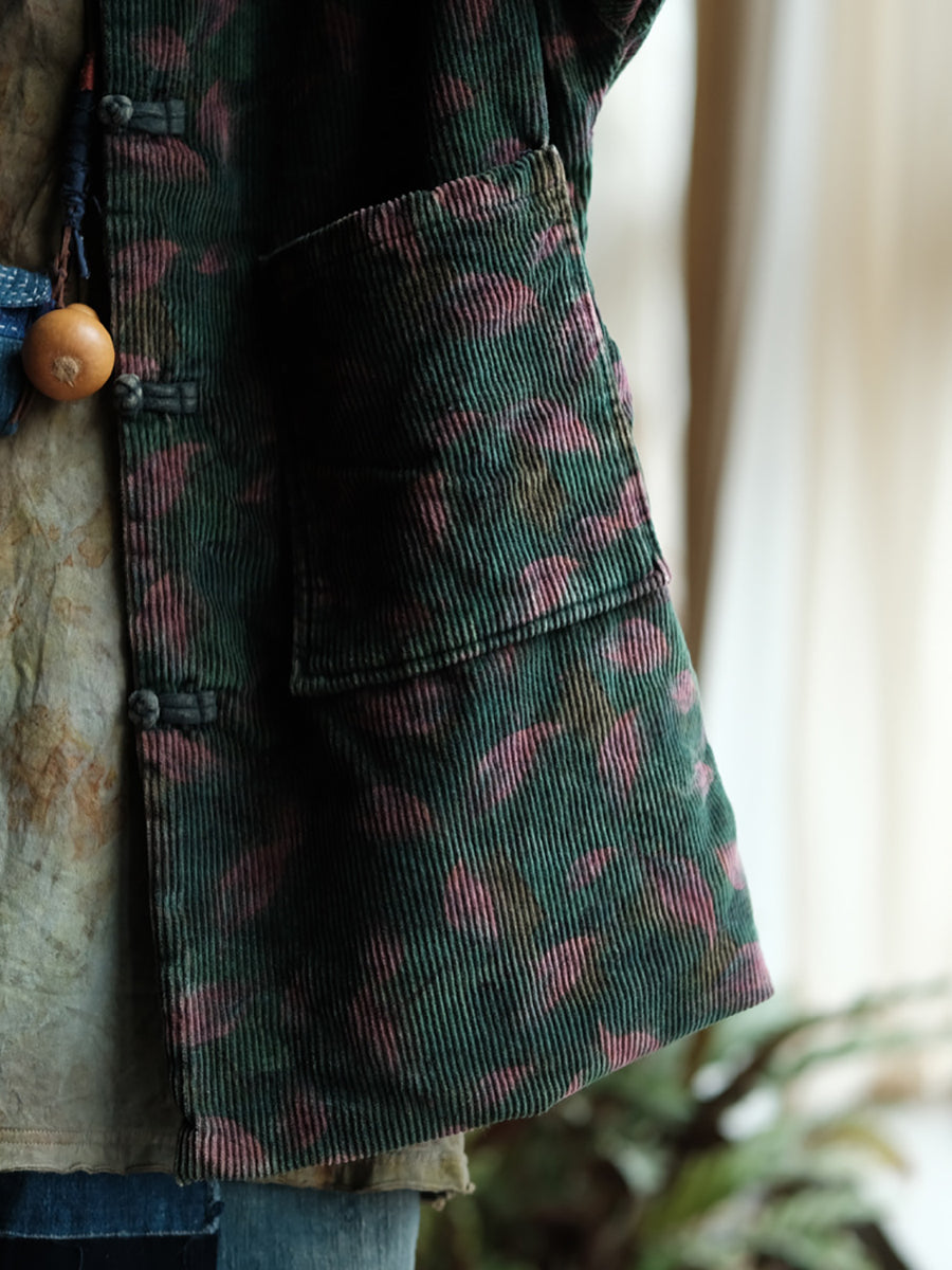 Women Ethnic Leaf Corduroy Loose Padded Coat