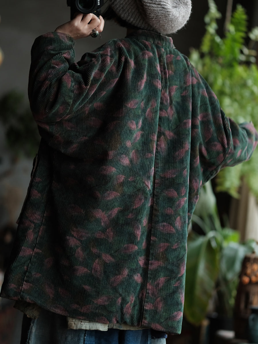 Women Ethnic Leaf Corduroy Loose Padded Coat