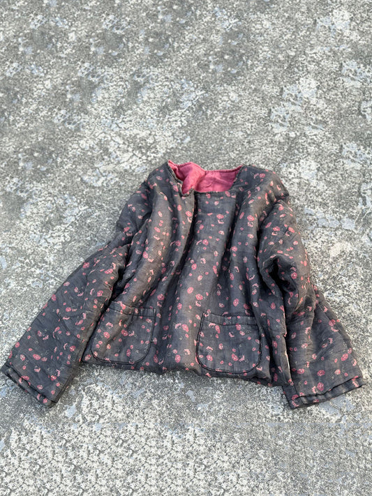 Women Vintage Flower O-Neck 100%Ramie Padded Coat