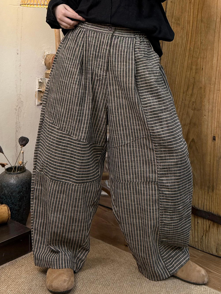 Plus Size Women Spring Vintage Plaid Linen Cotton Straight Pants