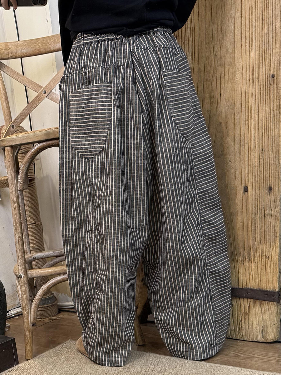 Plus Size Women Spring Vintage Plaid Linen Cotton Straight Pants