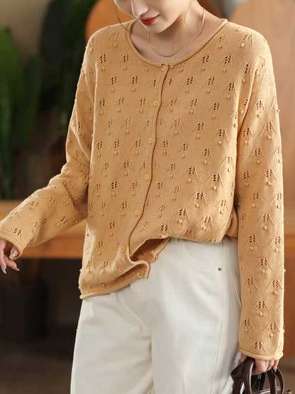 Women Autumn Perforated Knit O-Neck Cotton Sweater