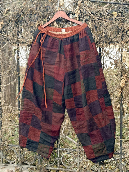Women Spring Vintage Plaid Linen Wide-leg Pants