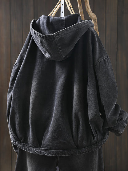 Women Vintage Spring Denim Hooded Coat