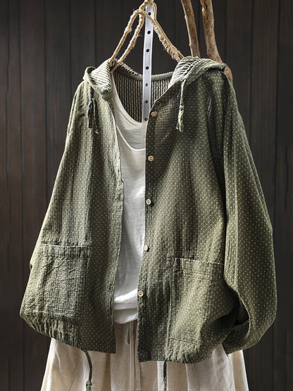 Plus Size Women Spring Artsy Dot Cotton Hooded Shirt