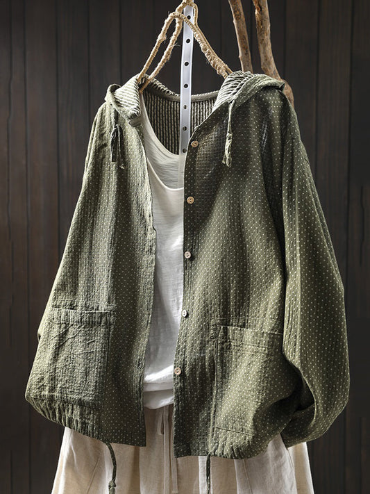 Plus Size Women Spring Artsy Dot Cotton Hooded Shirt