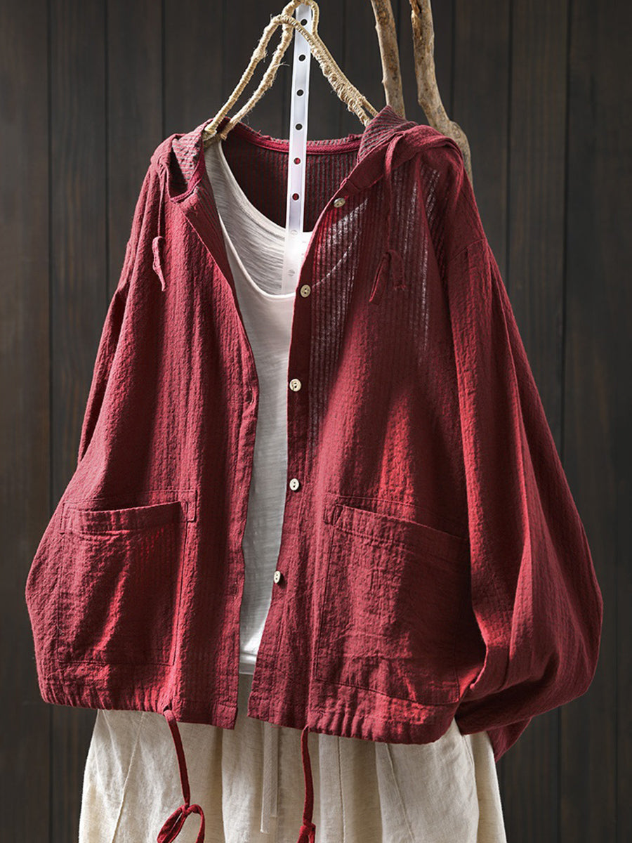 Plus Size Women Spring Artsy Dot Cotton Hooded Shirt