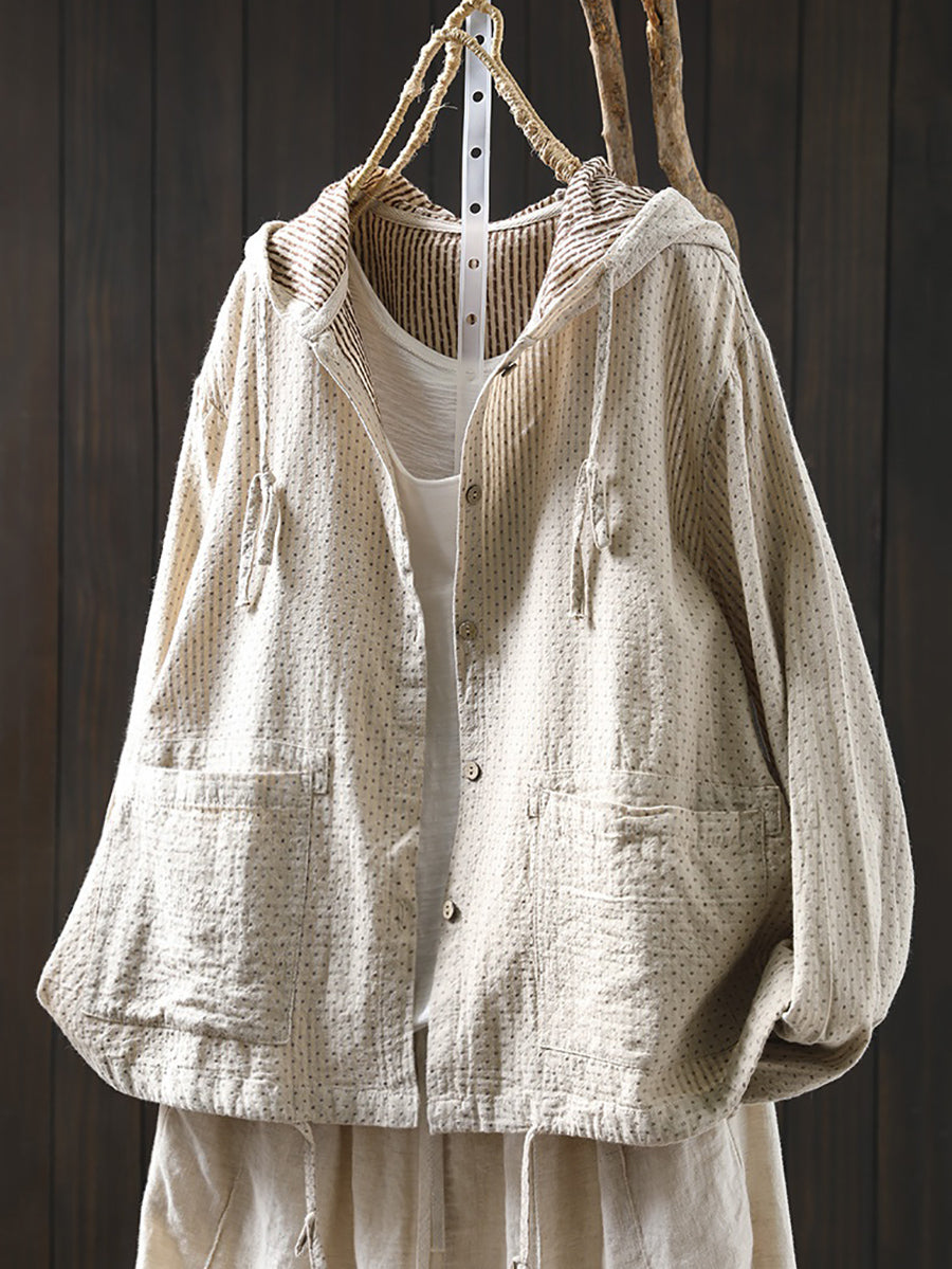 Plus Size Women Spring Artsy Dot Cotton Hooded Shirt