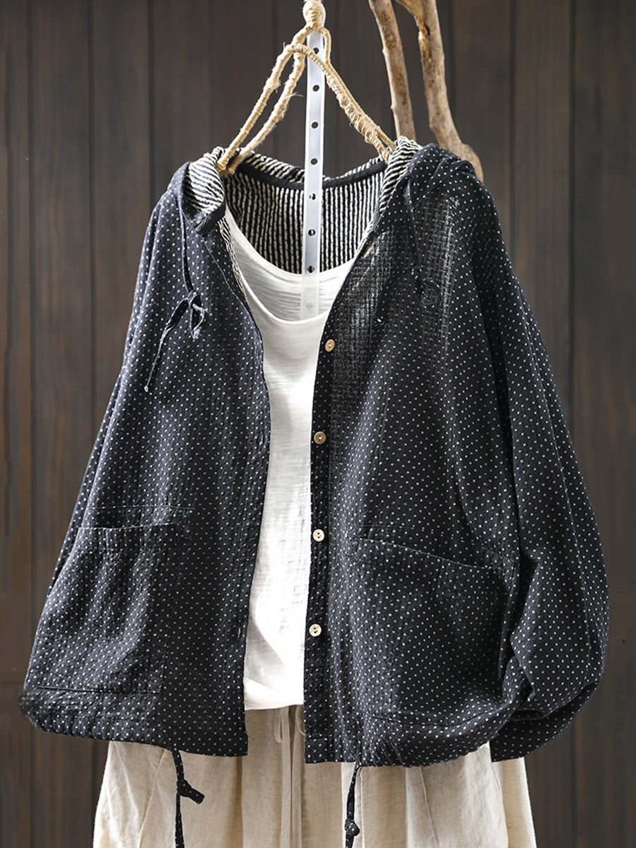 Plus Size Women Spring Artsy Dot Cotton Hooded Shirt