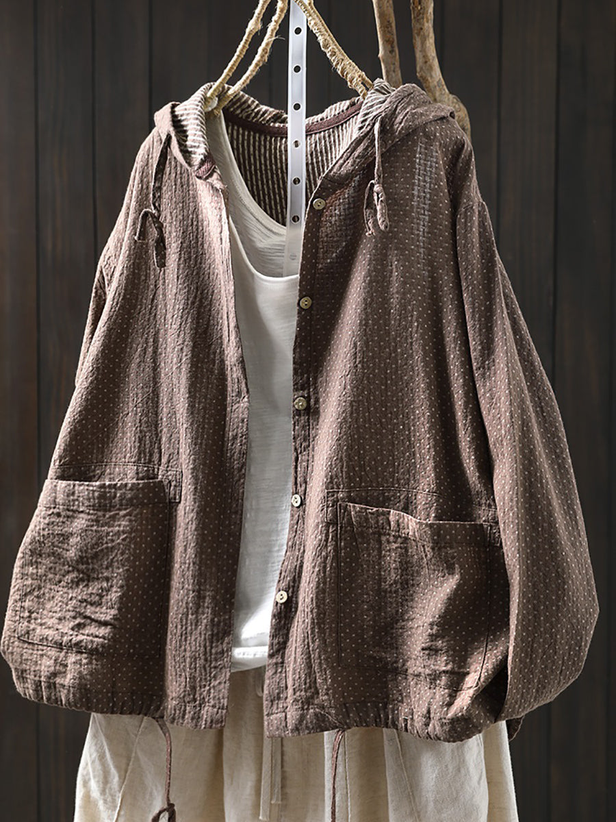 Plus Size Women Spring Artsy Dot Cotton Hooded Shirt