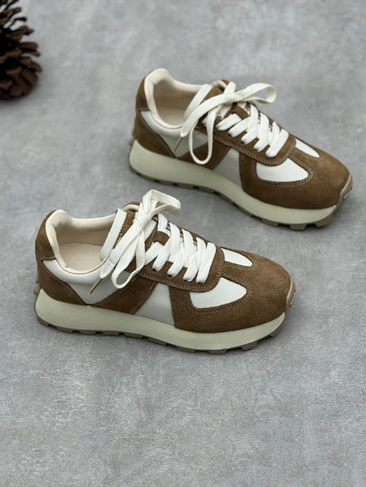 Women Spring Colorblock Leather Low Heel Sport Shoes