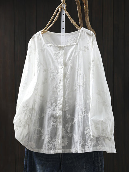 Women Artsy Embroidery Square Collar Shirt