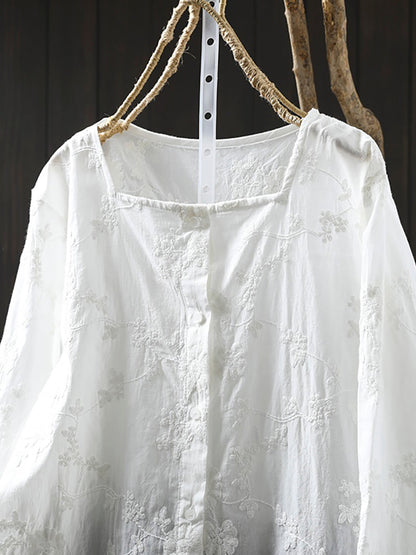 Women Artsy Embroidery Square Collar Shirt