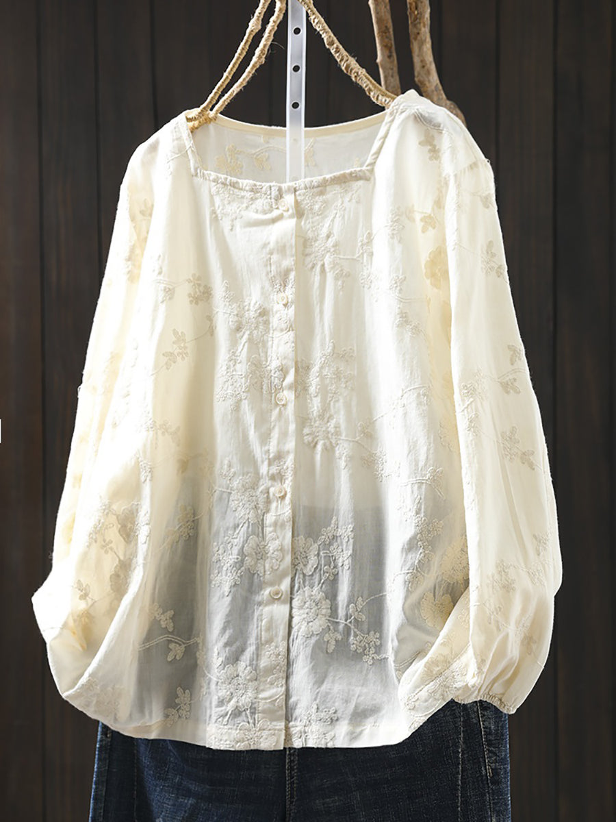 Women Artsy Embroidery Square Collar Shirt