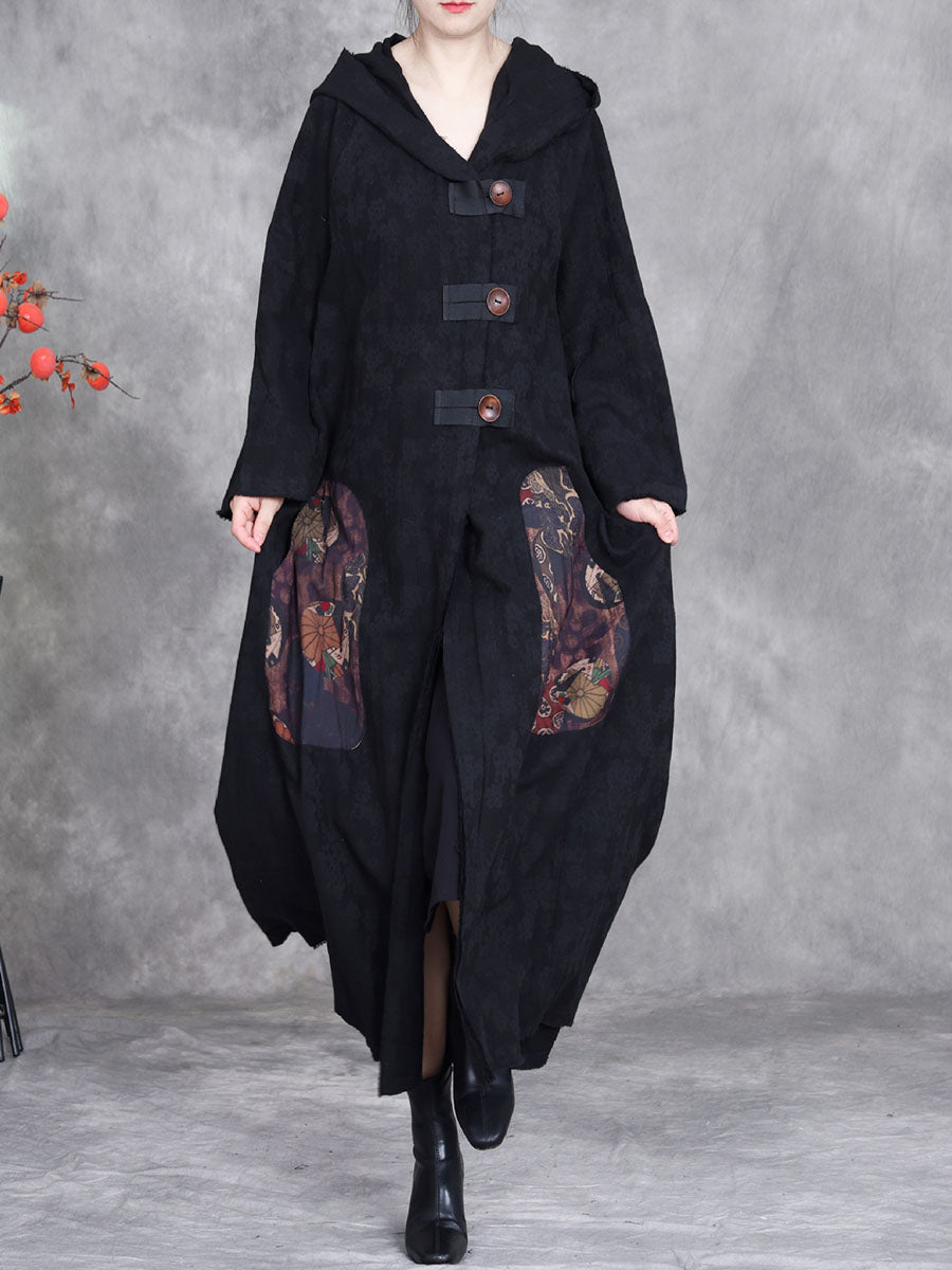 Women Autumn Retro Linen Jacquard Hooded Coat