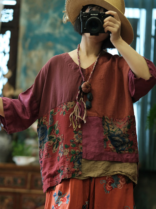 Women Spring Vintage V-Neck Flower Spliced Shirt