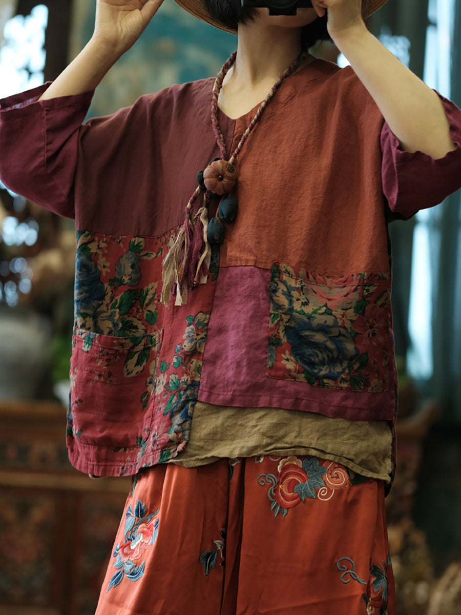 Women Spring Vintage V-Neck Flower Spliced Shirt