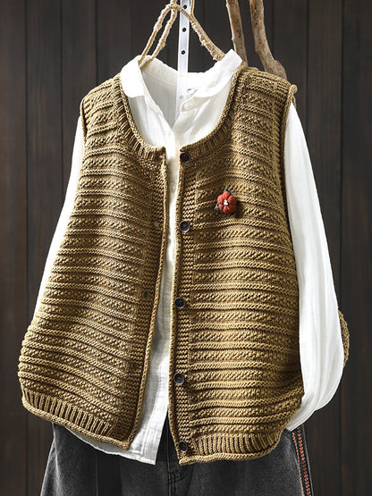 Women Spring Pure Color Knit O-Neck Cardigan Vest