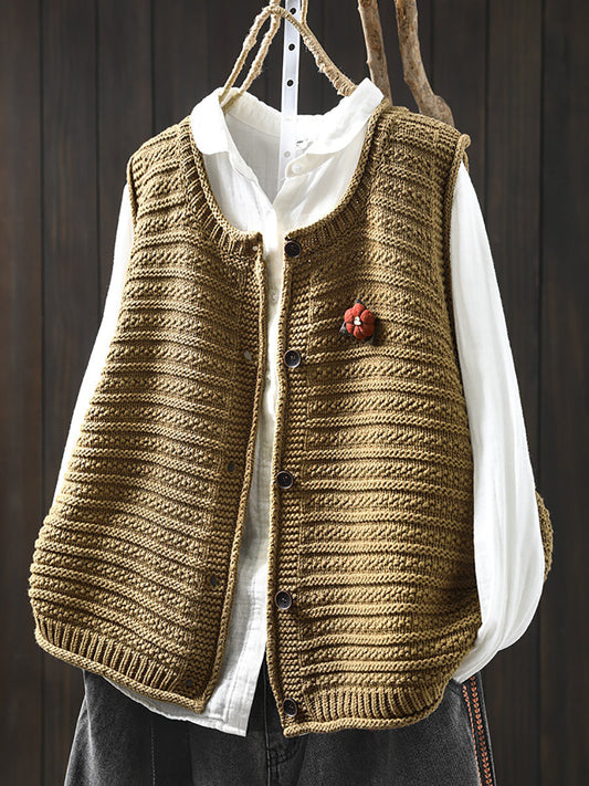 Women Spring Pure Color Knit O-Neck Cardigan Vest