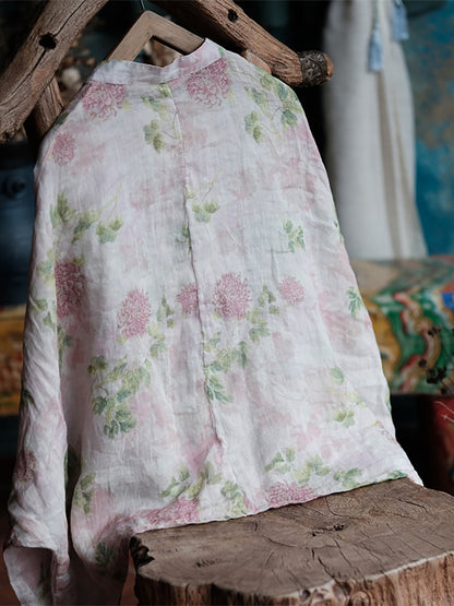 Plus Size Women Ethnic Spring Flower Stand Collar Linen Shirt