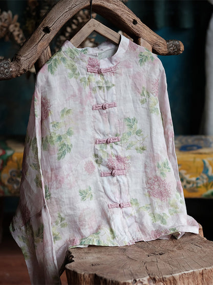 Plus Size Women Ethnic Spring Flower Stand Collar Linen Shirt