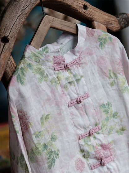 Plus Size Women Ethnic Spring Flower Stand Collar Linen Shirt