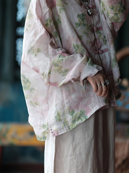 Plus Size Women Ethnic Spring Flower Stand Collar Linen Shirt