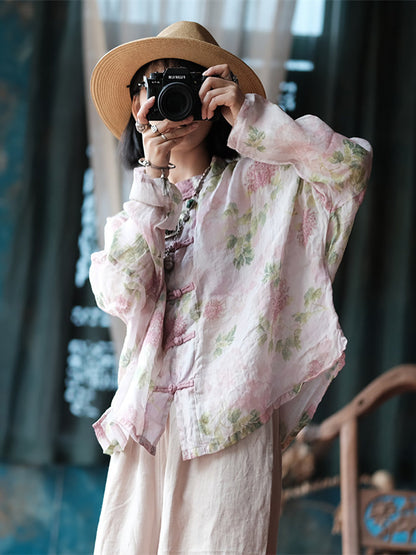 Plus Size Women Ethnic Spring Flower Stand Collar Linen Shirt