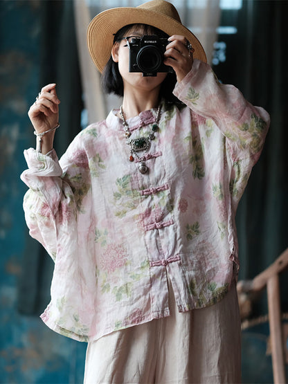 Plus Size Women Ethnic Spring Flower Stand Collar Linen Shirt