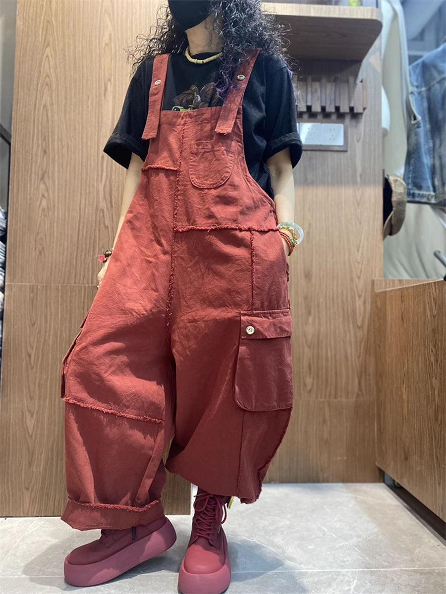 Plus Size Women Spring Artsy Cotton Raw-edge Loose Jumpsuits