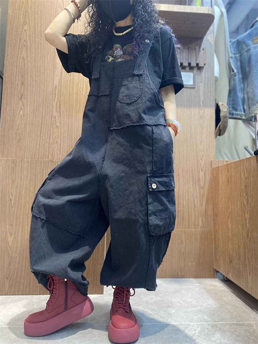 Plus Size Women Spring Artsy Cotton Raw-edge Loose Jumpsuits