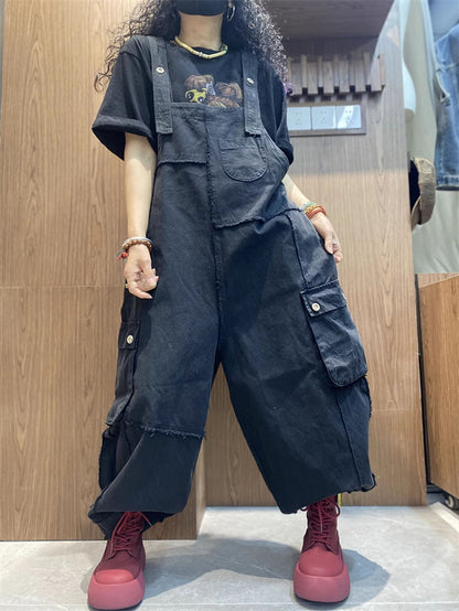 Plus Size Women Spring Artsy Cotton Raw-edge Loose Jumpsuits