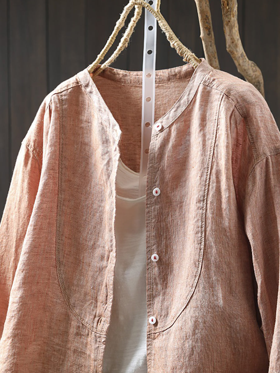 Plus Size Women Spring Pure Color Stand Collar 100%Linen Shirt