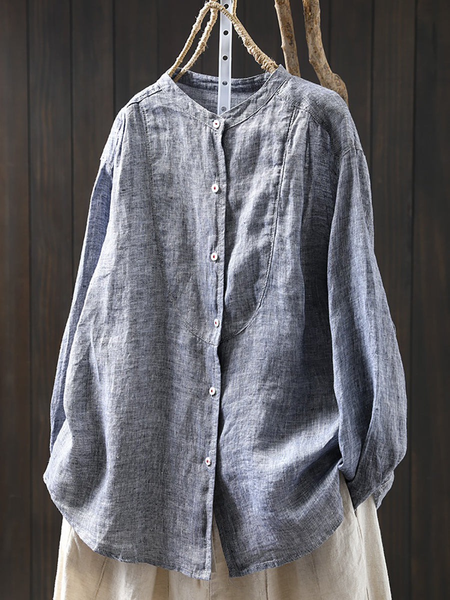Plus Size Women Spring Pure Color Stand Collar 100%Linen Shirt