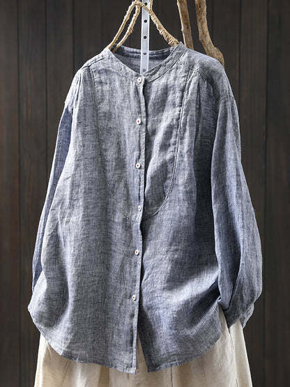 Plus Size Women Spring Pure Color Stand Collar 100%Linen Shirt